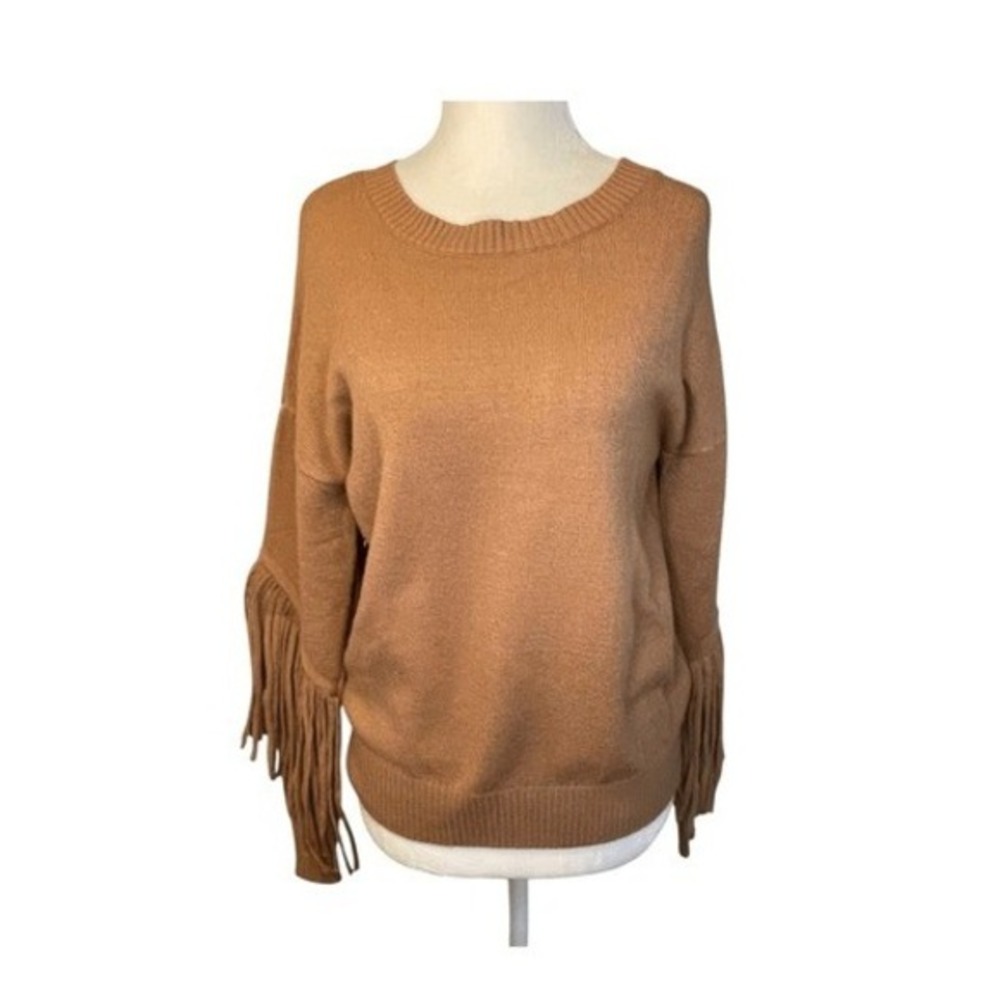 Chelsea & Theodore Fringe Crewneck Sweater Brown Knit‎ Crewneck Long Sleeve S